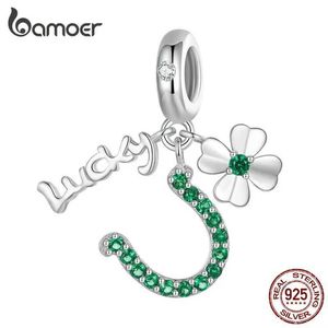 Anhänger Halsketten Bamoer 925 Sterling Silbergrün Zirkon glücklich vier Blattklee Hängende Perlen Hufeisen-Zauber für Frauen Armband Halskette DIY 240410