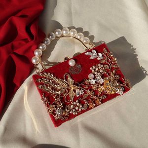 Ladies Evening Bag Chinese Style Handmade Bag for Women's Wedding Bag Hand-held Bride Velvet Cheongsam Red Mouth Gold Banquet