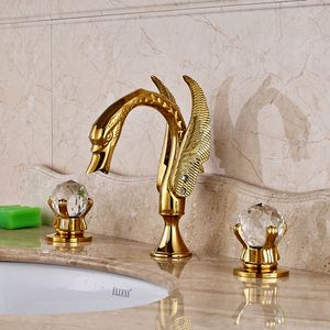 Swan Basin Faucet Golden Deck monterade 3 hål utbrett badrumsfartyg Sänkblandare TAP Dual Crystal Handle Cold Hot Mixer Tap