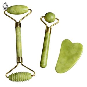 Jade Facial Roller Gua Sha Massage Ball Set Gouache Scraper för ansikte Massager Microniddle Roller Face Gua Sha Skin Care Tools