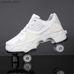 Inline Roller Skates Deformation Four-Wheel dubbelanvändning Skatingskor med bromshuvud dubbel rad Roller Casual Sport Walking Sneakers New Y240410