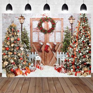 Mocsicka Christmas Photography Backdrop Snowflake Wood Door Christmas Tree Photo Background Xmas Wreath Family Portrait Backdrop