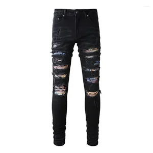 Herr jeans punk stil stretch tunt skägg tvätt rippad lapp svart mager hip hop byxor