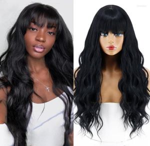 Perucas sintéticas Wig Long Black Wave com franja Fibra de fibra de fibra feminina Kend223218973