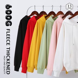 New Hooded Hoodies Men Sweatshirts Women Basic Pullover 600g Thicker Fleece High-end Quality Jogger Solid Color Unisex Male Tops