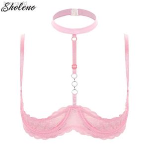 Bras Womens 1/4 Tassen Unterdraht Bra Halfterhals O Ring Sheer Spitze Push Up Brassiere sexy schiere Bralette Dessous Unterwäsche S-5xl 240410