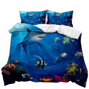 Shark Duvet Cover Set Shark Ocean Marine Bedding Set Bedclothes Underwater Animal Pattern Queen King Size Polyester Qulit Cover
