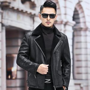 Thick Warm Fur Coat Winter for Shearling Coat Fur Collar Men Natural Fur Genuine Leather Quilted Flight Coat Clothing Male B381