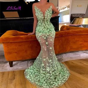 Urbane sexy Kleider Minze Minze Grüne Meerjungfrau Abendkleider 3d Blumen Perlen ärmellose Abschlussball Kleid sexy Dubai Saudi -Arabisch lange Abendkleider 240410