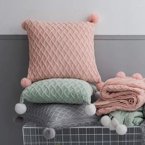 Pillow Knitted Cover Solid Gray Pink Green Case With Pom Balls 45 45cm Soft For Sofa Home Decorative