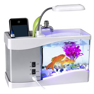 LED Mini Fish Tank Aquarium Self Cleaning Tank Bowl Convenient Desk Aquarium for Office Home Display Screen and Clock Decora D30