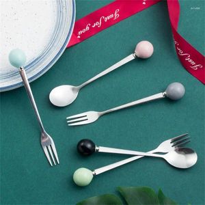 Dinnerware Sets Round Stainless Steel Fruit Fork Fine Polished Kitchen Gadgets Colorful Ceramic Handle Spoons Anti-scalding Macaroon Color