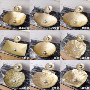 Bacia de banheiro europeia Baça de vidro temperado Bacia de mesa doméstica Móveis para banheiro Pia ouro simples Bacia de lavagem personalizada