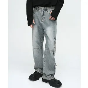 Herren Jeans 2024 Frühling Koreaner Loose Reißverschluss Feste Farbe Baumwoll Hip Hop Vintage Nische große Taschen Devise High Street