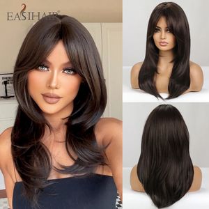 Easihair Medium Längd skiktat naturligt hår peruk mörkbrunt vågiga syntetiska peruker för kvinnor med lugg dagliga peruker värmebeständig 240409