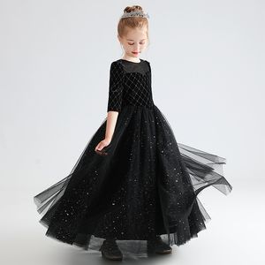 Beauty Black Half Sleeves Jewel Girl's Birthday/Party Vestres Vestres de concurso de menina Vestidos de flores meninas Garotas Saias todos os dias