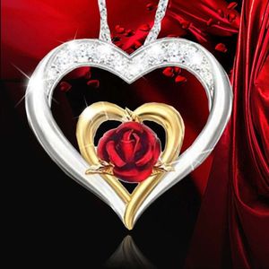 Estilo chinês Hollow Out Diamond Incluste Rose Heart Pingente Colar para Crianças