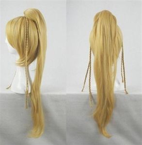 100 zupełnie nowy wysokiej jakości obraz modowy pełny koronkowy perugsgt Final Fantasy Rikku Cosplay Wig Blonde Long Coser Tail Party C255G42332529235