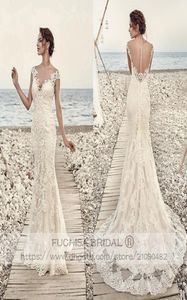 Cap Sleeved Champagne Lace Wedding Dress with Illusion Back Fit to Flare Slim Bridal Dress Gown Custom Made4429694