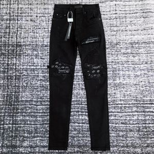 Men's Jeans Tide Brand Washed Old Ripped Black Cashew Flower Slim Stretch Small Feet High Street