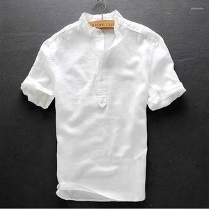 メンズカジュアルシャツ新鮮な白い半袖スタンドカラー薄いリネンシャツトップコットンとプルオーバーハーフ