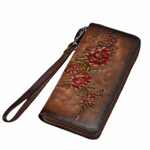 natural CowSkin Embossed Floral Lg Wallet Women Mey Handy Bag ID Card Holder Genuine Leather Zipper Clutch Wrist Bags Purse i4Tm#