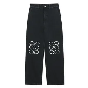 Classic Logo Printed Black Straight Leg Jeans Knee Laser Cut Pattern Embroidered Unisex Pants