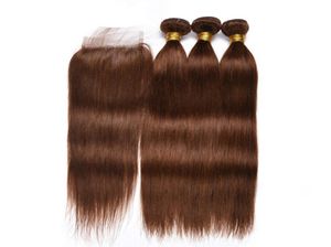 4 braunes menschliches Haar Schuss mit Spitzenverschluss Silky Straight Human Hair Webs mit Spitzenverschluss braunes Haarverlängerung 4pcslot6275289