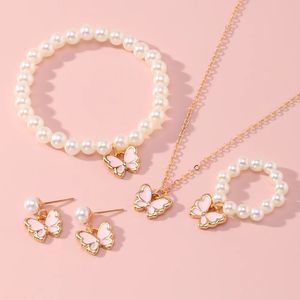 Y2K Style Cute Pink Butterfly Pendant Earrings Fashion Temperament Imitation Pearl Bracelet Necklace Set for Women Girl Jewelry 240315