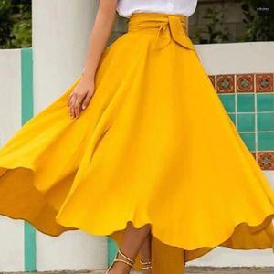 Skirts Women's Solid Color High Waist A Line Skirt Fashion Slim Bow Belt Flared Pleated Long Red Orange Yellow Maxi