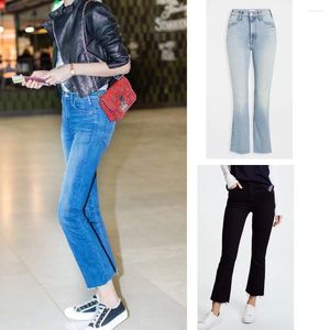 Women's Jeans High Waist Dark Blue Slim Fit Straight Black Skinny Elastic Female Rough Selvage Denim