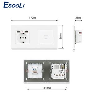 Esooli PC Plastic Panel EU Standard Electric Socket with 2 USB Charge Port + 1 Gang RJ11 2 Core Telephone Connector 172*86mm