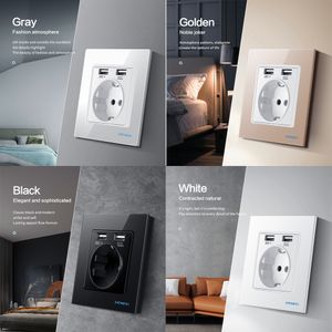 Bonda USB Wall Socket Power EU Germany Plug Outlets med dubbla USB 110V-250V 16A Vit tempererat Crystal Glass Electrical Outlet