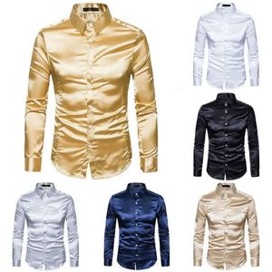 Plus storlek S-xxl män skjorta siden satin slät män solid tuxedo affärsskjorta män avslappnad smal fit glänsande guld bröllopsklänning skjortor 240410