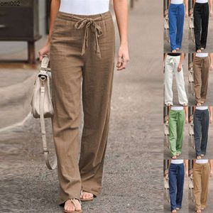 Yaz Yeni Kadın Pamuk ve Kenevir Günlük Geniş Bacak Pantolon Düz Renk Elastik Bel Dantel Gevşek