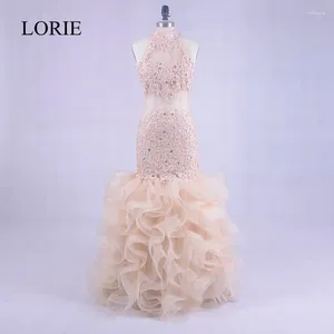 파티 드레스 Lorie Champagne Mermaid Evening Long Sheer Lace 여성 계층 쟁기 드레스 공식 가운 바닥 길이