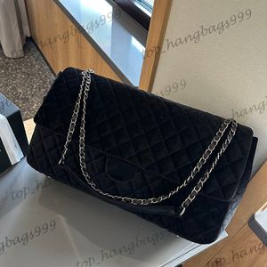 Kadın Siyah Velvet Klasik Flep Jumbo Maxi Havaalanı XXL Omuz Çantaları Büyük Kapasiteli Lüks Marka Elmas Kafe Kapitone Gümüş Zincir Çantalar Seyahat Çantası 40cm