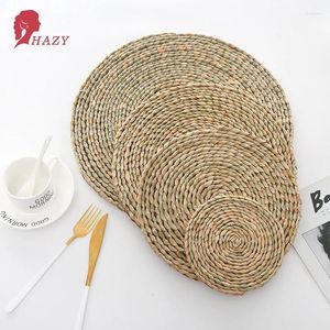 Table Mats HAZY Round Rattan Placemats Natural Straw Woven Dining Heat Insulation Pot Holder Cup Coasters Kitchen Accessories