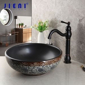 Jieni banheiro preto pia de lavagem de lavagem de cerâmica pintada à mão Banho de banheiro combinando coletores de bronze misturadores de torneiras