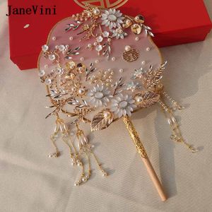 Janevini Luxury Blue Blue Crystal Chinês Mão de noiva Bouquets Fã Taquel Gold Tassel Flowers Artificial Fan Fan Acessórios de casamento