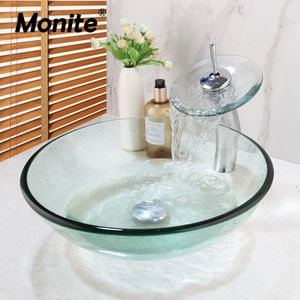 Monite redonda de vidro temperado banheiro pias de lavagem de banheiro pia de vidro transparente com bronze cachoeira de latão cromo Conjunto de torneira