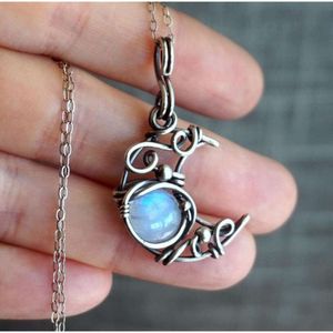 New Bohemian Wind and Stone Necklace with Wire Wrapped Hollow Moon Pendant