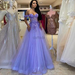 Urban Sexy sukienki toofgon błyszczący fioletowy tiul 3D Flower Prom Sukienki Linia Off the ramion Lace Formal impreza wieczorna suknia dla kobiet Druhna Sukienka 240410