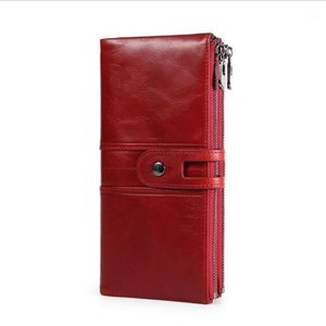 Brieftaschen rfid Öl Wachs Kuh Leder Brieftasche echte Geldbörse der Modestil von langer Größe hochwertiger schwarzes rotes COF308s