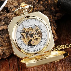 Luxury Gold Polygon Design Mechanical Pocket Watch with FOB Chain Skeleton Steampunk Hand Wind Mens With 240327