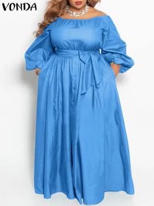 プラスサイズ5xl Vonda Summer Maxi Sundress Women Long Dress Buttonカジュアルソリッドオフショルダーボヘミアンパーティーベルテッド240410