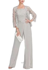 Mother's Dresses Mother Of The Bride Pant Suits Formal Long Sleeve Chiffon Custom Plus Size New Two Pieces With Jacket Silver