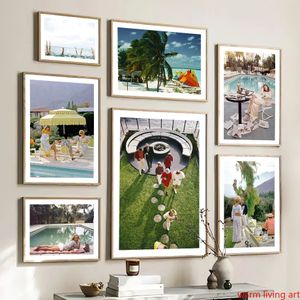Palm Springs Pool Party Poster Retro Parasol Beach Wall Art Tela Pintura Parede Slim Aarons Photography for Living Room Decor