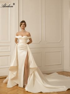 Elegant Off Schulter Schatz 2 in 1 Meerjungfrau Hochzeitskleid Luxus Satin Stoff Abnehmbares Zug Front Split Flecken Trompete Brautkleider 2024