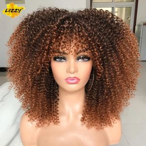 Kort afro lockig peruk med bangs syntetiska afrikanska glulösa fluffiga svarta ombre bruna lockiga kvinnor peruker 240402